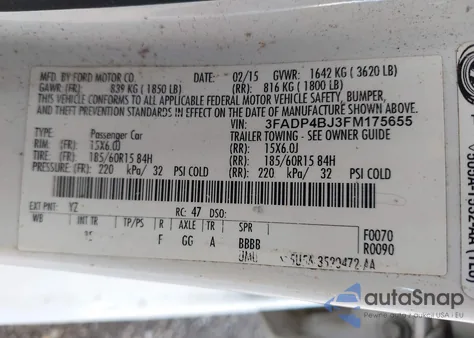 2015 Ford Fiesta Se из США, поврежденный, VIN 3FADP4BJ3FM175655